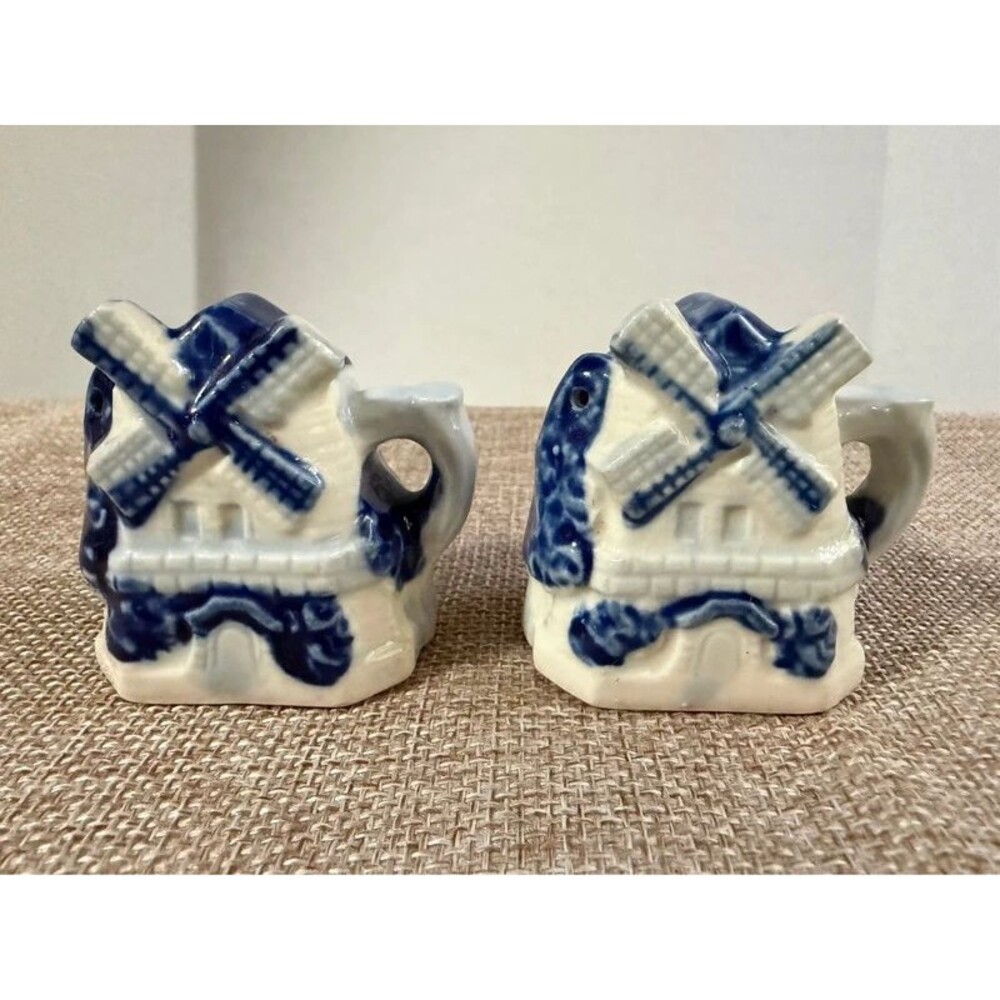 Vintage Delft Blue & White Ceramic Windmill Salt and Pepper Shakers with Handles